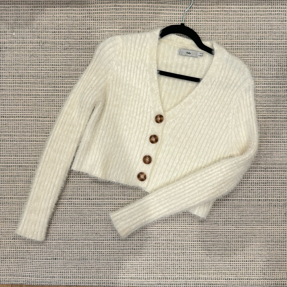 Cream/white fuzzy cardigan v-neck with buttons